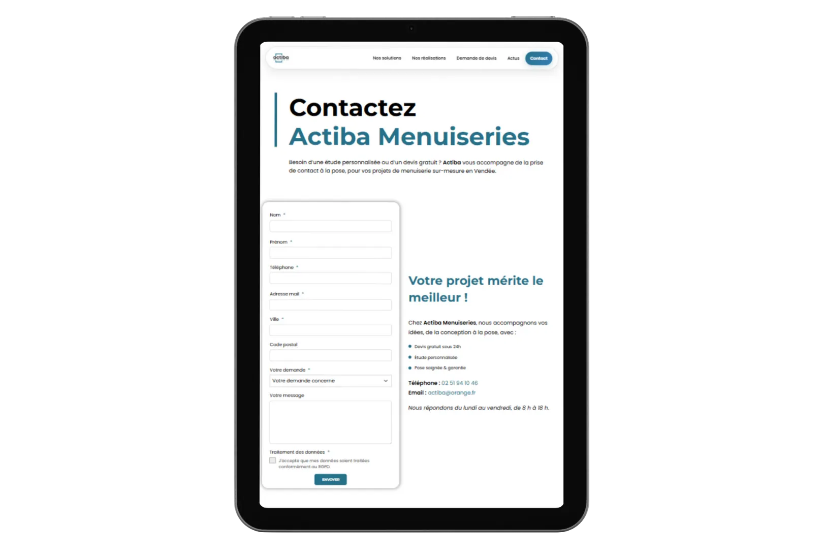 Actiba Menuiseries - Mockup iPad page contact