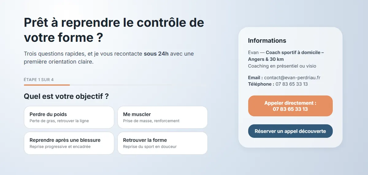 Formulaire de contact interactif du site d'Evan, coach sportif : étape 1 sur 4, choix de l'objectif en un clic parmi quatre options