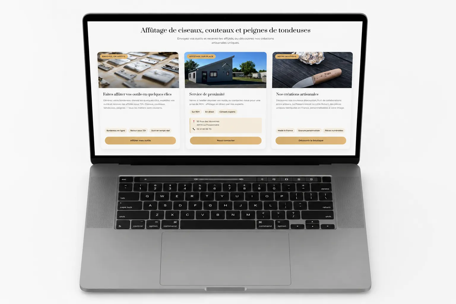 Site d'un artisan affûteur conçu par KANO, avec parcours de commande en ligne