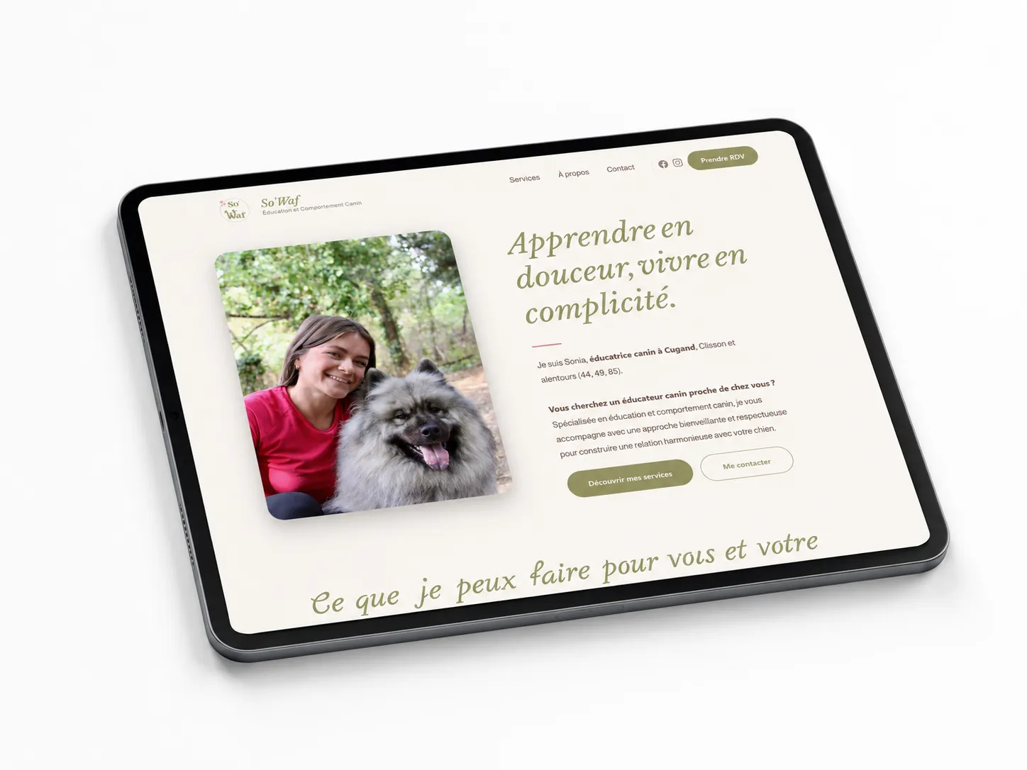 Mockup du site vitrine de Sowaf, éducatrice canine indépendante, conçu par KANO
