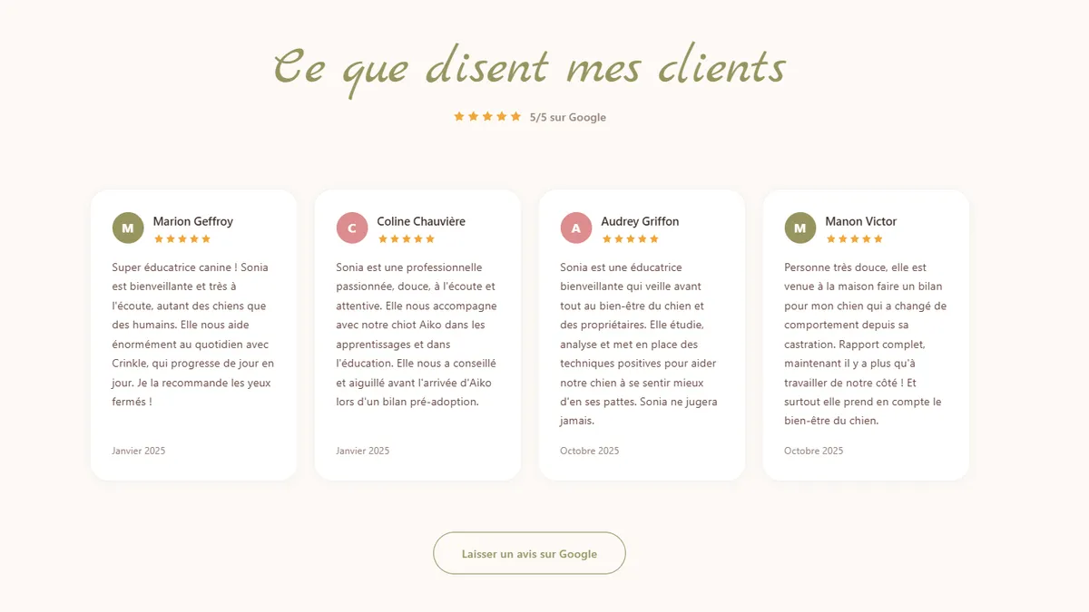 Section « Ce que disent mes clients » du site de Sowaf : quatre avis Google 5 étoiles affichés juste avant le formulaire de contact