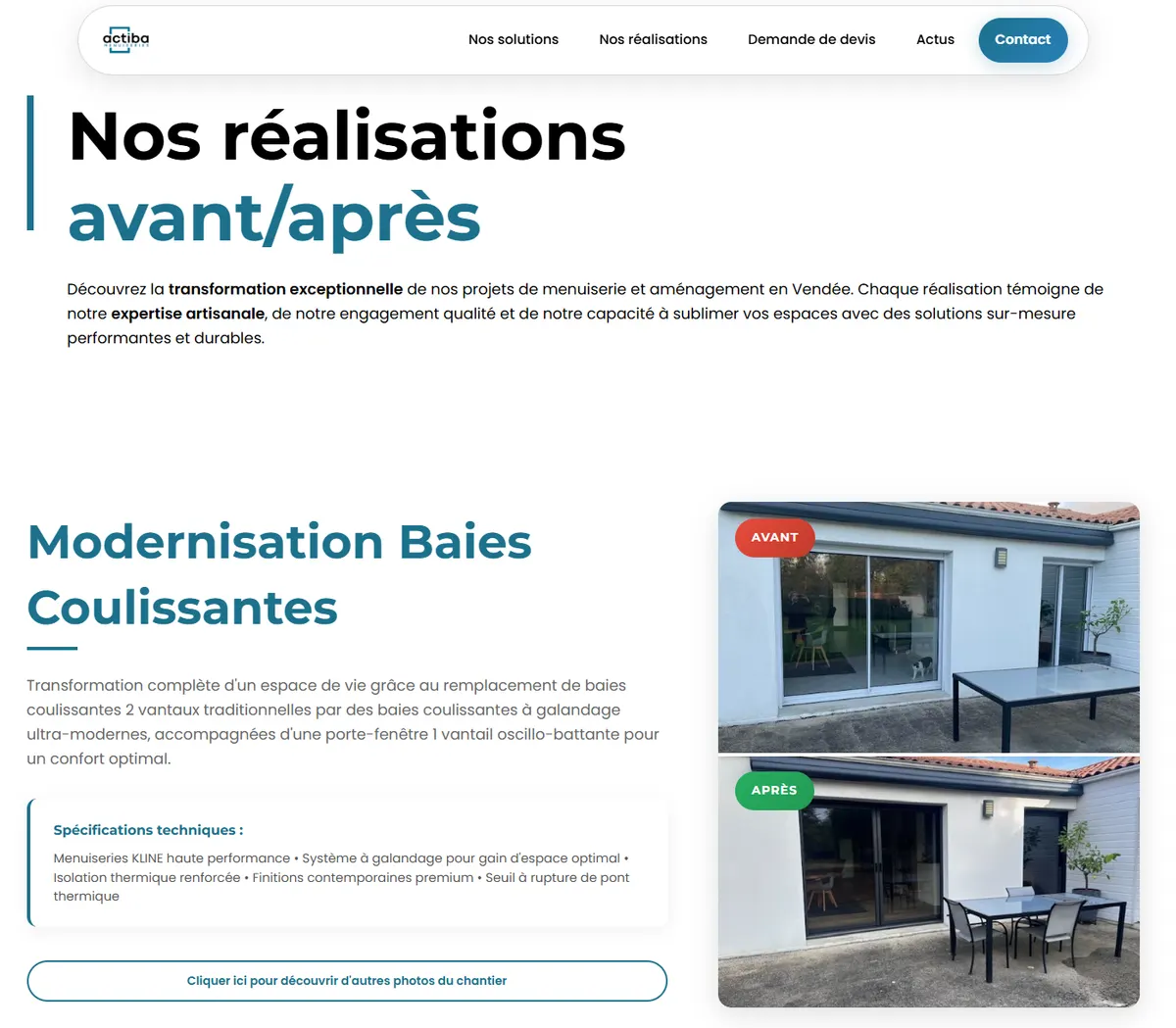 Page « Nos réalisations avant/après » du site ACTIBA Menuiseries : un chantier de baies coulissantes décrit à gauche, photos avant et après en vis-à-vis à droite