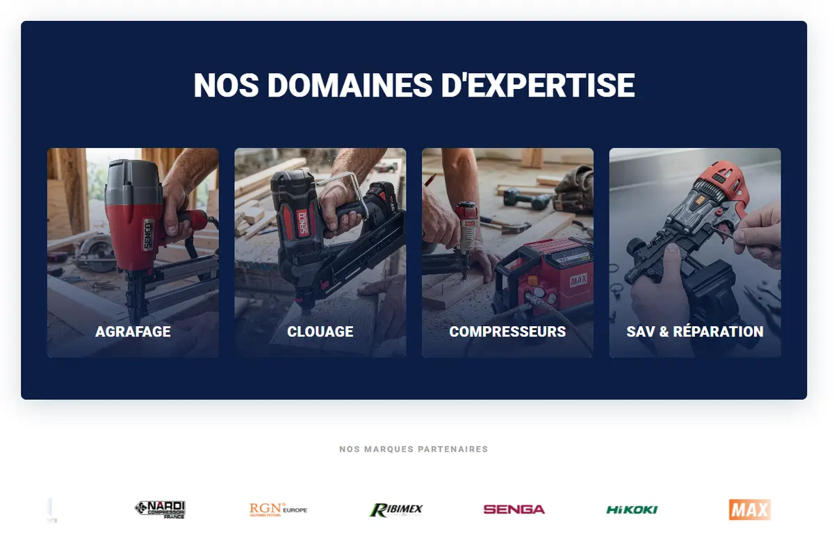 Section « Nos domaines d'expertise » du site Air Fix : agrafage, clouage, compresseurs et SAV, suivie des marques partenaires