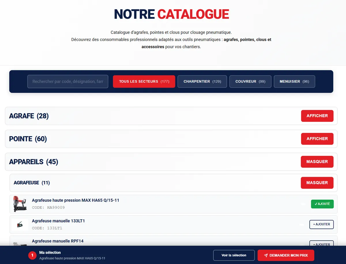 Catalogue interactif du site Air Fix : filtres par corps de métier, familles de produits dépliables et barre de sélection en bas d'écran avec le bouton « Demander mon prix »