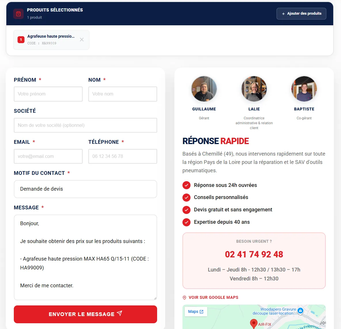 Formulaire de contact du site Air Fix déjà pré-rempli : le message liste le produit sélectionné avec son code, seules les coordonnées restent à saisir