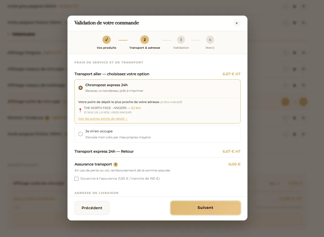 Fenêtre de validation de commande sur le site Atelier Affûtage : choix du transport Chronopost 24 h, point de dépôt le plus proche et assurance optionnelle