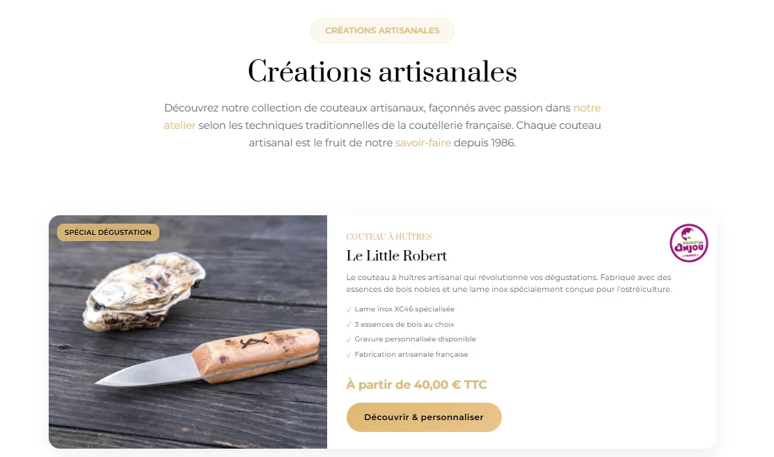 Page boutique du site Atelier Affûtage : présentation des créations artisanales et fiche du couteau à huîtres Le Little Robert