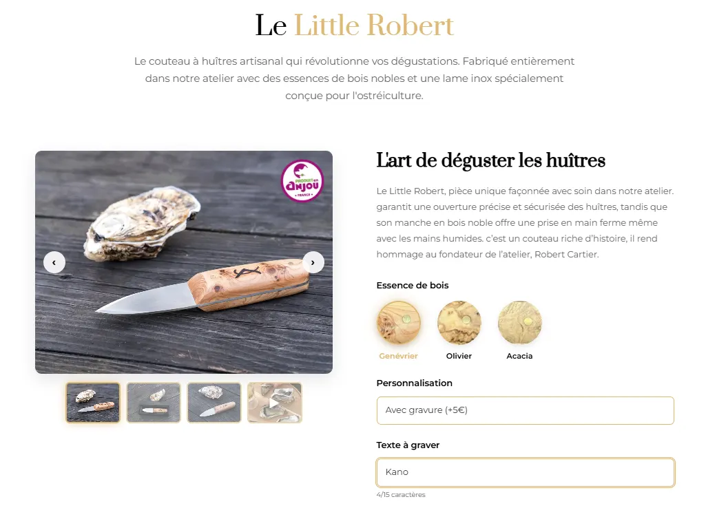 Page produit du couteau Le Little Robert : galerie photo, choix de l'essence de bois et champ de gravure personnalisée