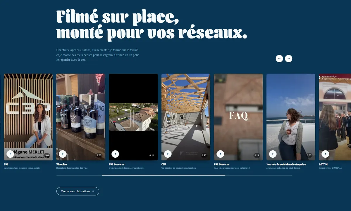 Section « Filmé sur place, monté pour vos réseaux » du site Cahya : un carrousel de réels verticaux tournés sur des chantiers, des salons et des événements