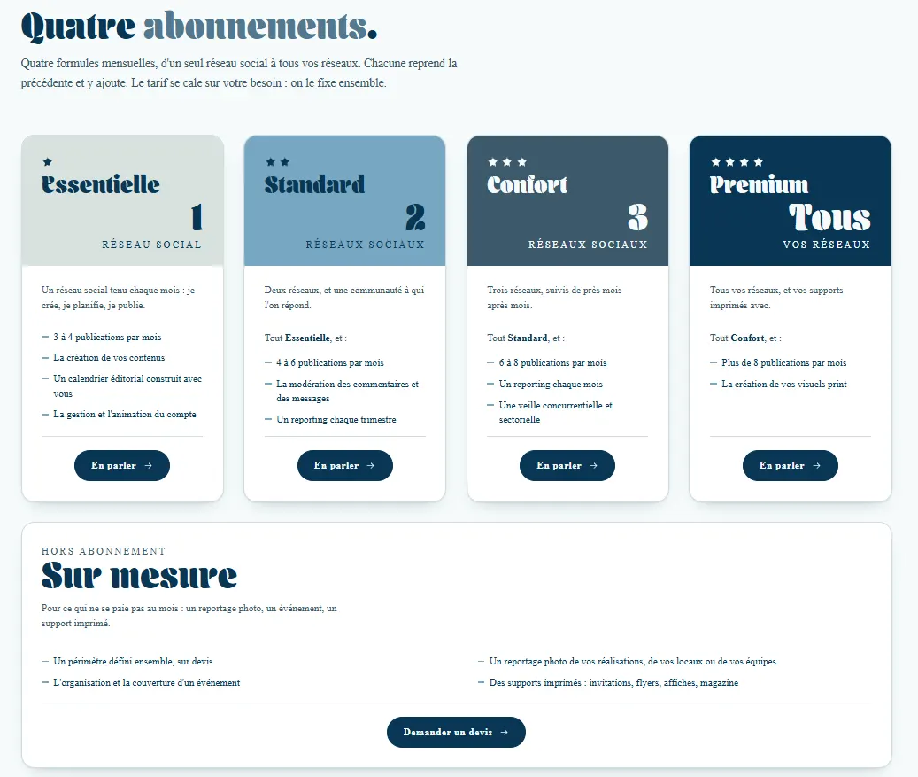 Section « Quatre abonnements » du site Cahya : quatre formules, Essentielle, Standard, Confort et Premium, puis une offre sur mesure hors abonnement