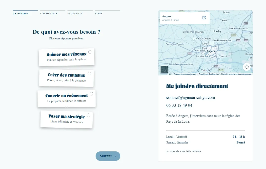 Formulaire de contact à étapes du site Cahya : la première étape « De quoi avez-vous besoin ? » propose quatre cartes à cocher, à côté d'une carte d'Angers et des coordonnées