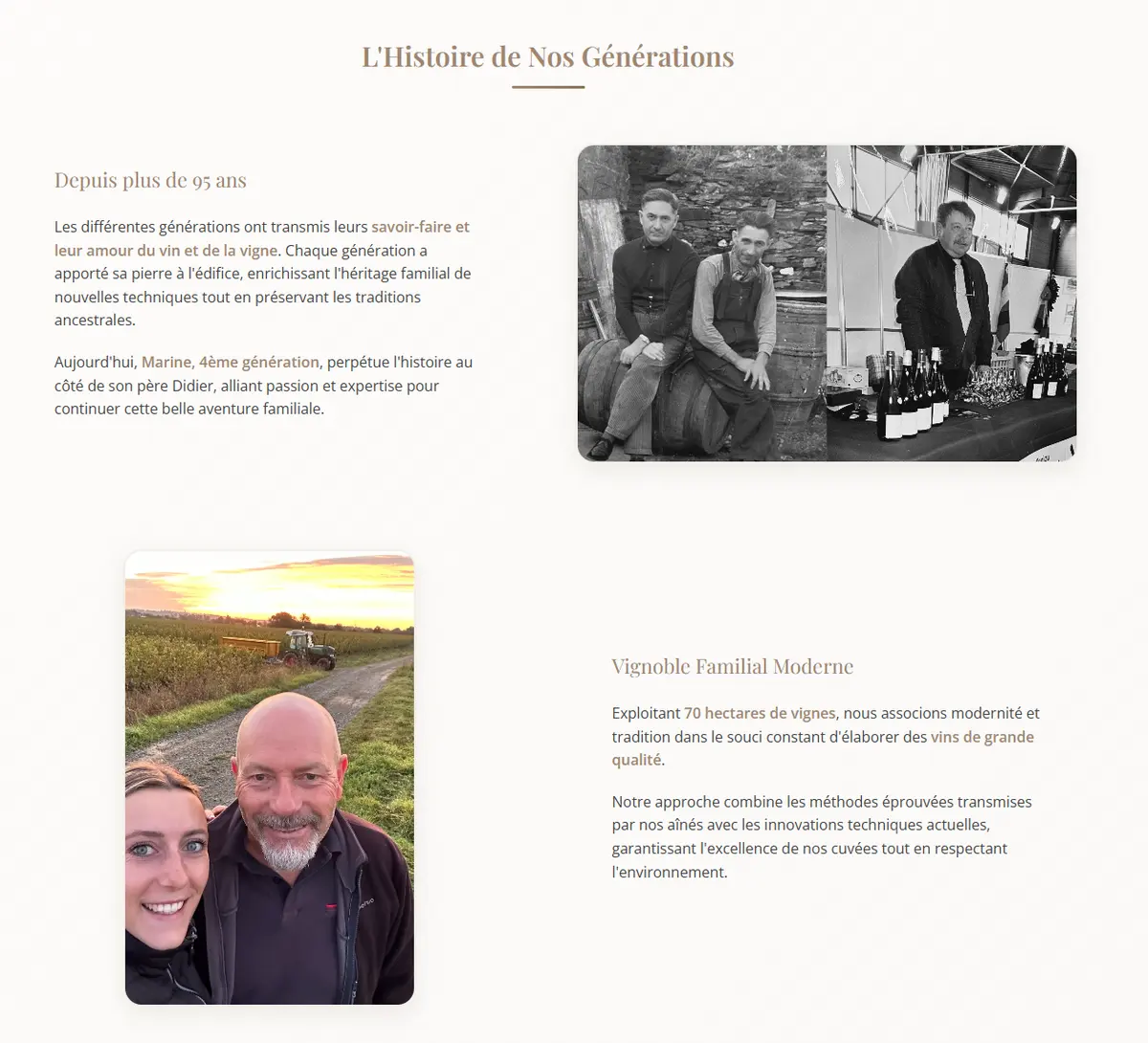 Section « L'Histoire de Nos Générations » du site Domaine Delaunay : archives familiales en noir et blanc et photo des vignerons d'aujourd'hui