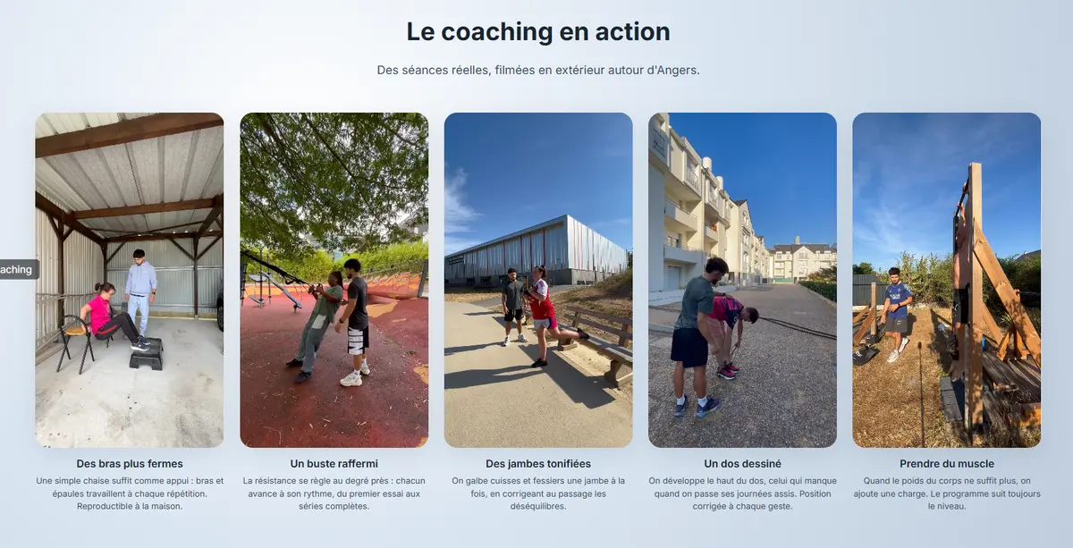 Section « Le coaching en action » du site Evan Coach : cinq vidéos de séances filmées en extérieur, chacune légendée par le résultat travaillé
