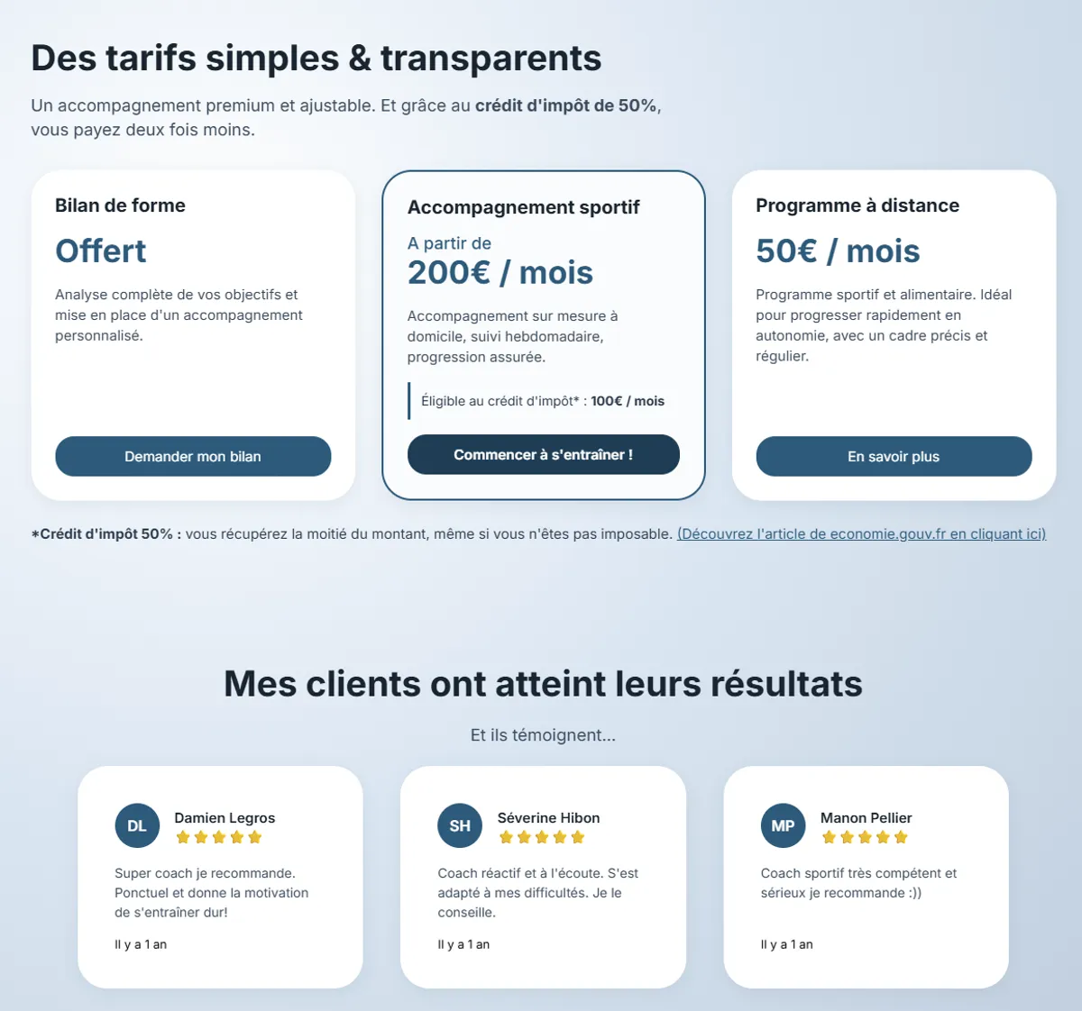 Sections tarifs et avis du site Evan Coach : trois formules avec leurs prix et le crédit d'impôt applicable, puis trois témoignages clients notés cinq étoiles