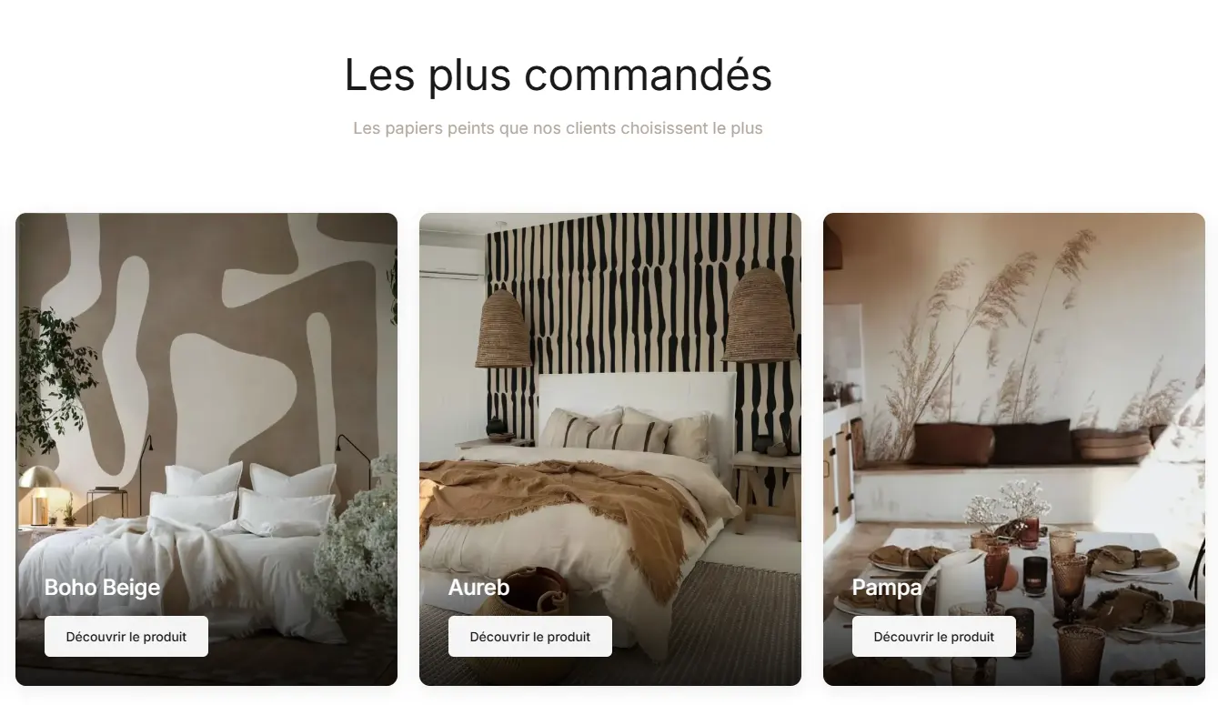 Section « Les plus commandés » du site Lou Garu : trois papiers peints en situation, avec un bouton « Découvrir le produit »