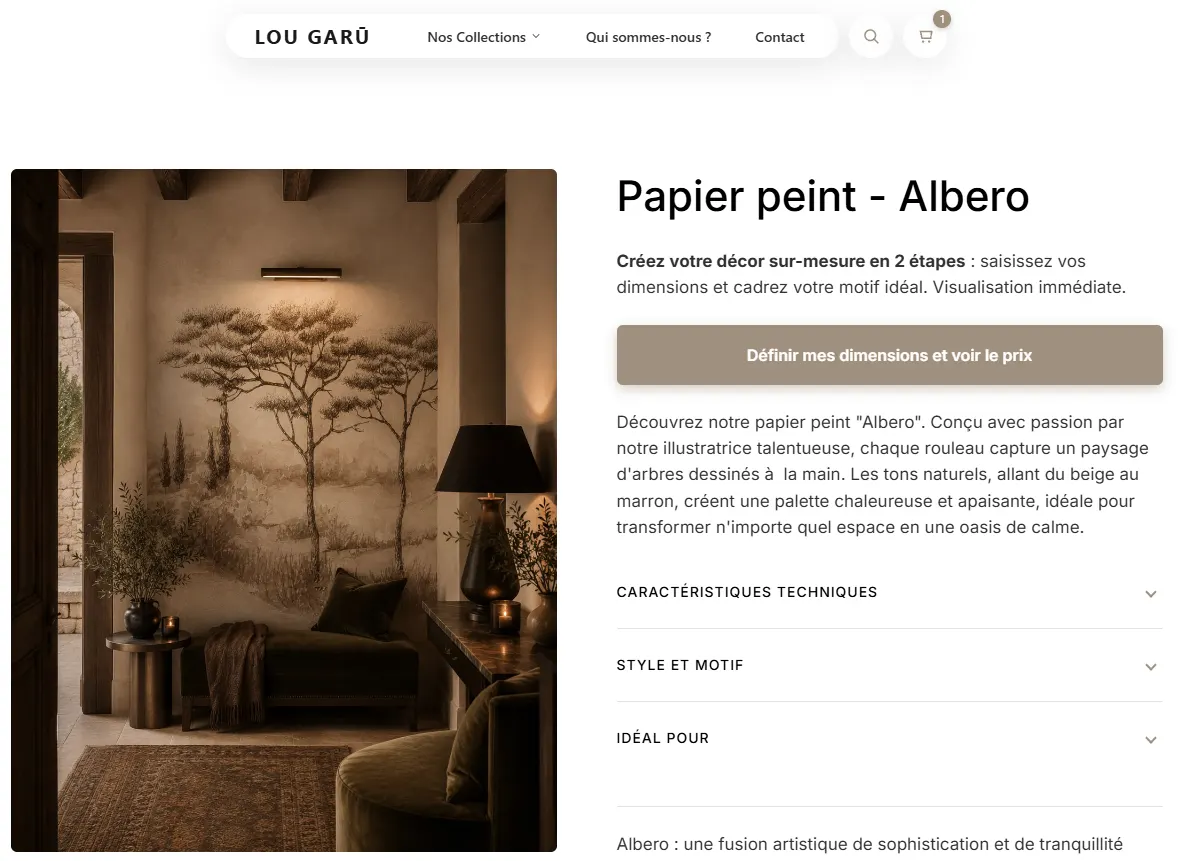 Fiche produit du papier peint Albero sur le site Lou Garu, avec le bouton « Définir mes dimensions et voir le prix »