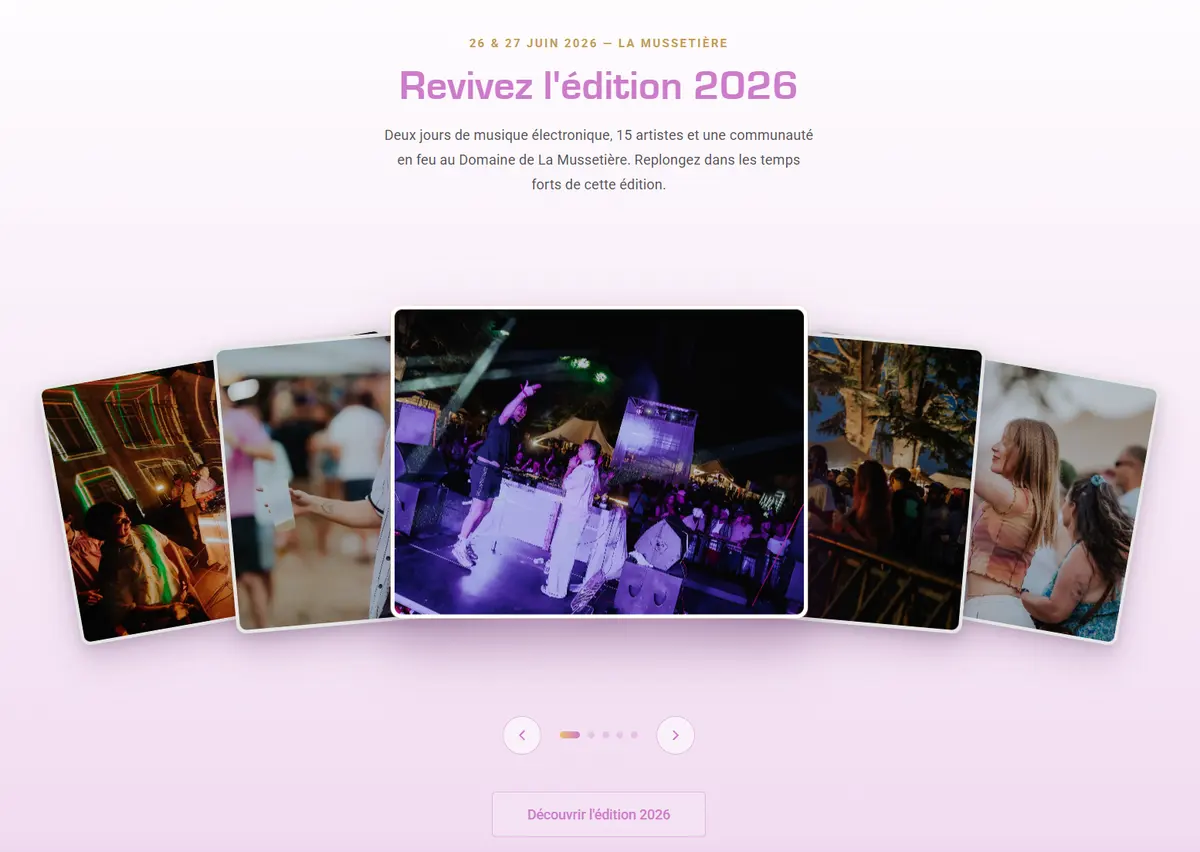 Section « Revivez l'édition 2026 » du site M2A Festival : un éventail de photos de l'événement et un bouton pour découvrir l'édition