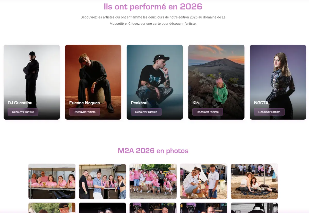 Sections « Ils ont performé en 2026 » et « M2A 2026 en photos » du site M2A Festival : cartes des artistes puis grille de photos de l'événement