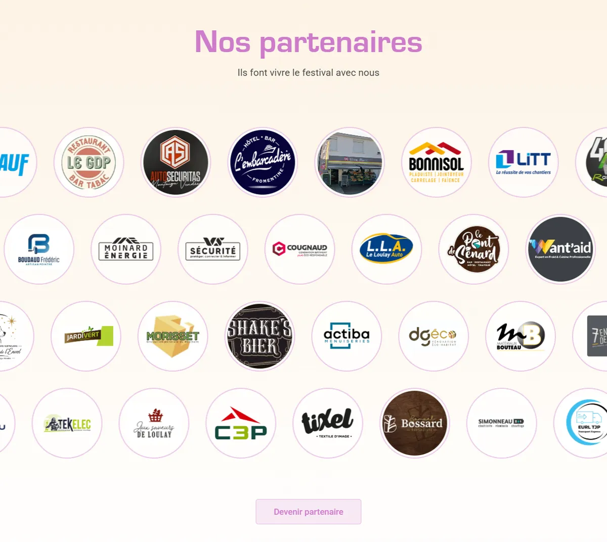 Section « Nos partenaires » du site M2A Festival : une trentaine de logos d'entreprises locales et un bouton « Devenir partenaire »