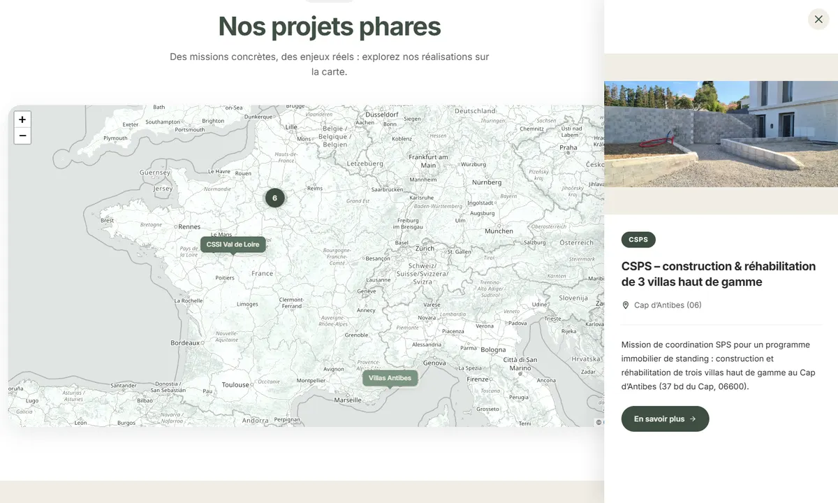 Section « Nos projets phares » du site MBO Consulting : carte de France avec les missions géolocalisées, et le panneau latéral ouvert sur une mission CSPS de trois villas haut de gamme au Cap d'Antibes