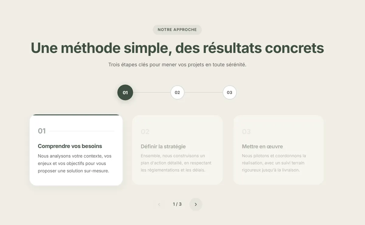 Section « Notre approche » du site MBO Consulting : une méthode en trois étapes, comprendre les besoins, définir la stratégie et mettre en œuvre