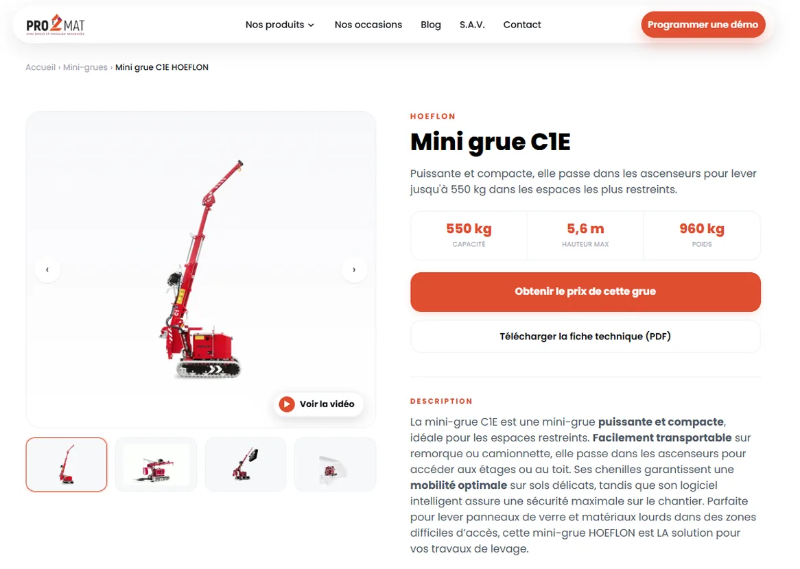 Fiche produit de la mini-grue C1E sur le site PRO2MAT : galerie photo, caractéristiques chiffrées et bouton « Obtenir le prix de cette grue »