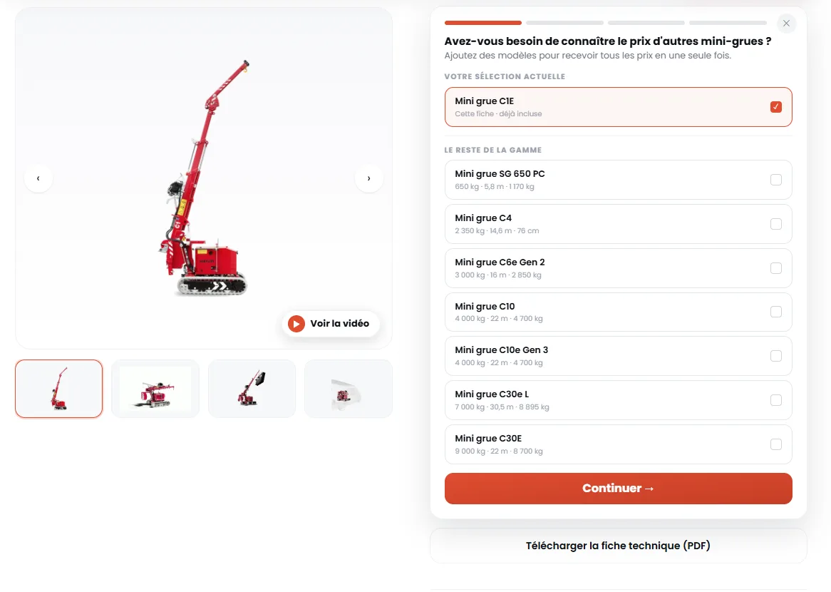 Formulaire de demande de prix ouvert sur la fiche produit PRO2MAT, proposant d'ajouter d'autres mini-grues de la gamme à la même demande