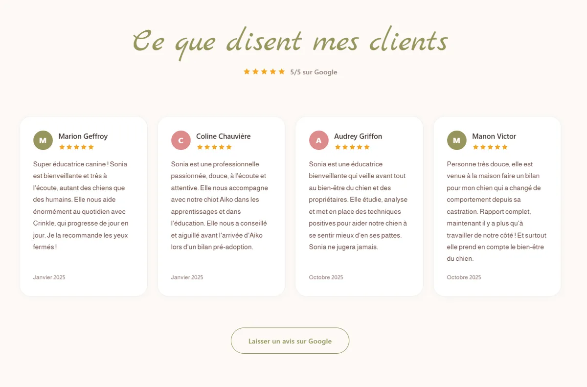 Section « Ce que disent mes clients » du site Sowaf : quatre avis Google notés cinq étoiles et un bouton pour en laisser un