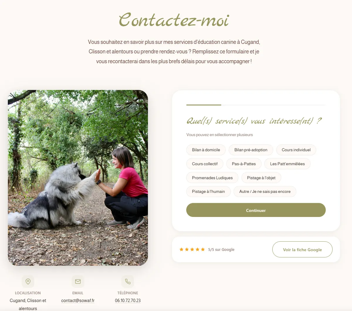 Page contact du site Sowaf : le formulaire demande d'abord quels services intéressent le visiteur, avec dix choix à cocher, avant de continuer