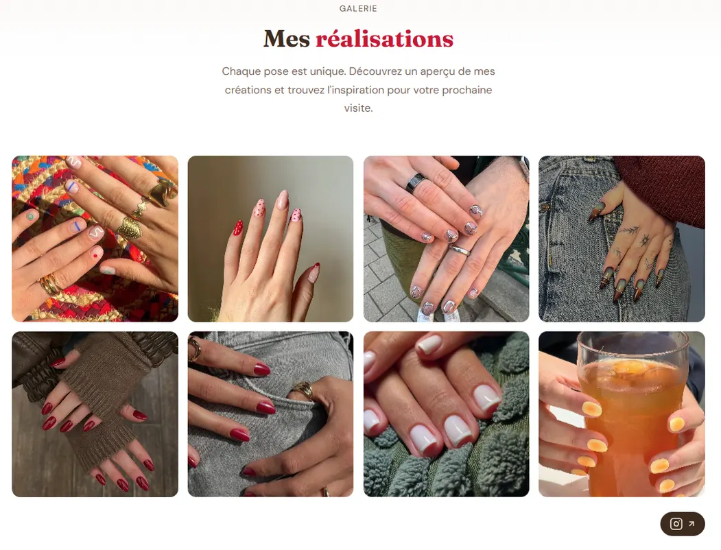 Section « Mes réalisations » du site Studio Aika : une grille de huit photos de poses d'ongles