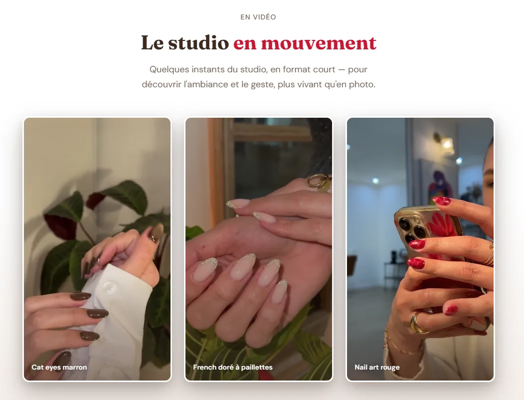 Section « Le studio en mouvement » du site Studio Aika : trois vidéos courtes au format vertical, légendées par type de pose