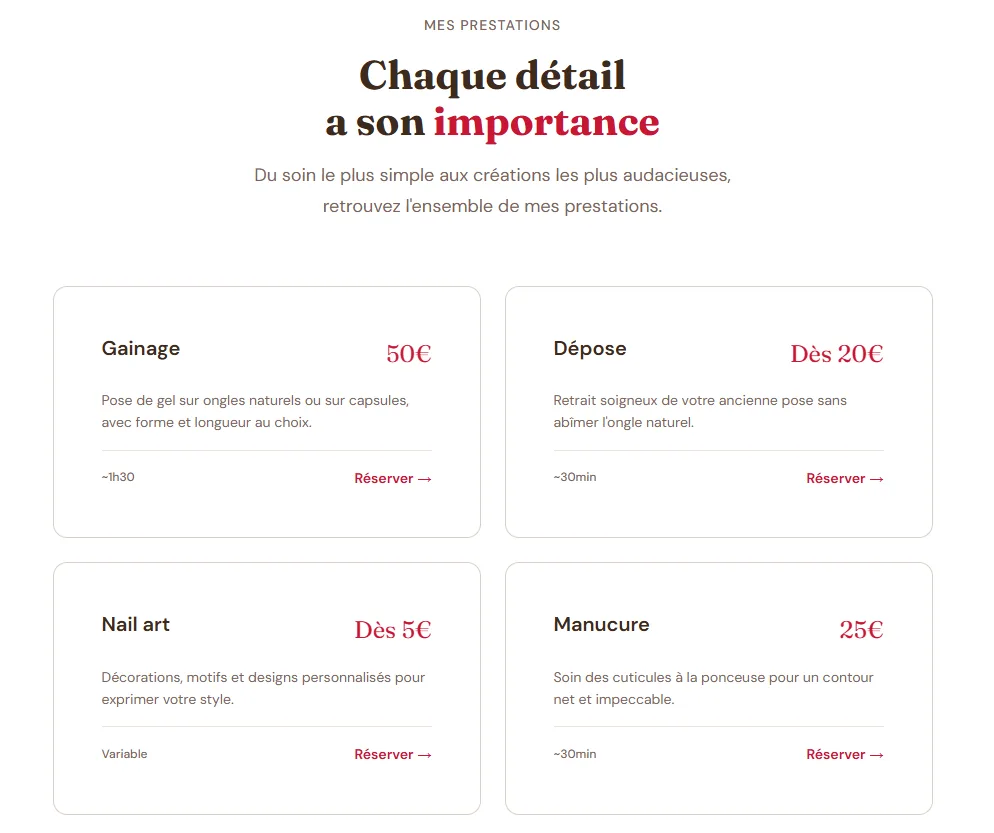 Section « Mes prestations » du site Studio Aika : quatre cartes de prestations avec durée, tarif et lien de réservation